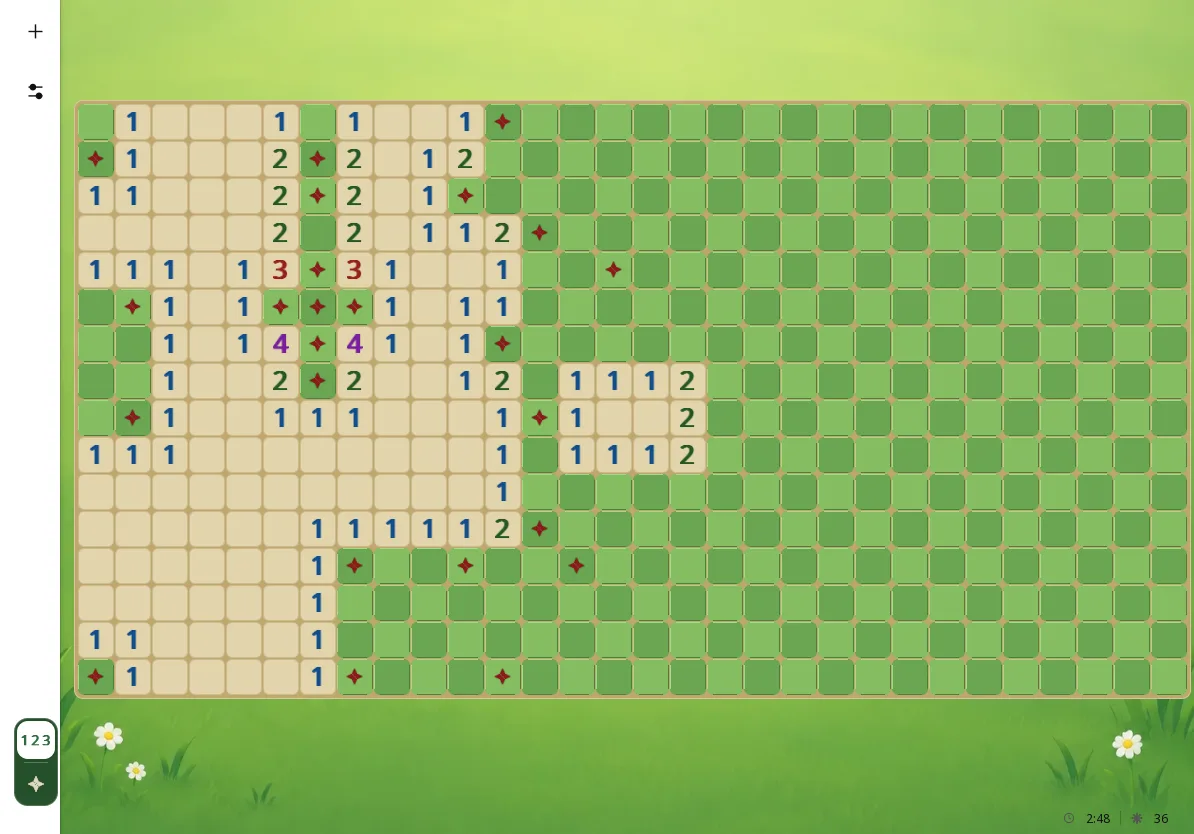 Démineur sur tablette en paysage, la même partie Expert en cours, grille de 30 × 16 au thème Prairie : des zones ouvertes avec leurs chiffres, 24 drapeaux posés, le compteur de mines à 36.
