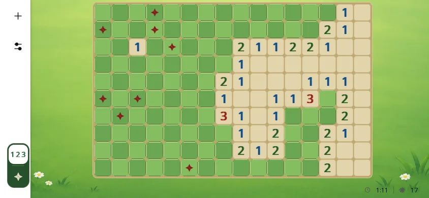 Démineur sur téléphone en paysage, partie Intermédiaire en cours, grille de 16 × 10 au thème Prairie : des zones ouvertes avec leurs chiffres, 8 drapeaux posés, le compteur de mines à 17.
